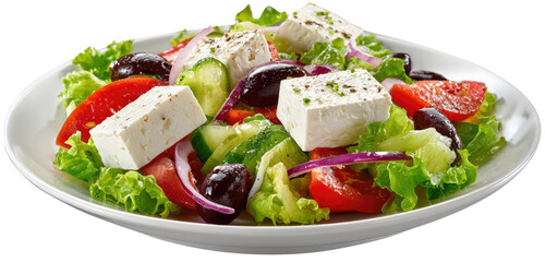 Fresh Greek salad on a white plate, featuring cubes of feta cheese, tomatoes, cucumbers, red onion, olives, and lettuce