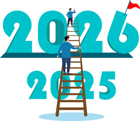 Vision to lead business to achieve goal businessman leader climb up to reach top of ladder high in the sky look forward to future 2025-2026 Years Ladder of success