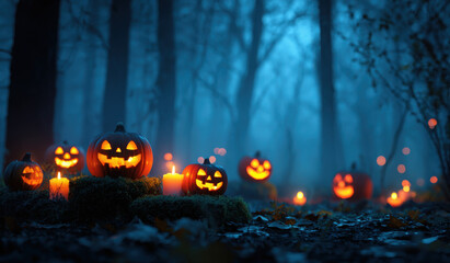 A spooky Halloween scene in a dark forest with glowing jack-o'-lanterns and candles.