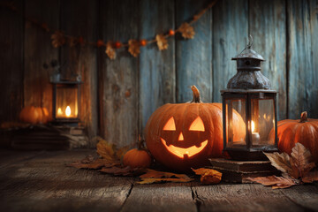 Obraz premium Halloween pumpkins and lanterns on a rustic wooden table with autumn leaves and decorations.
