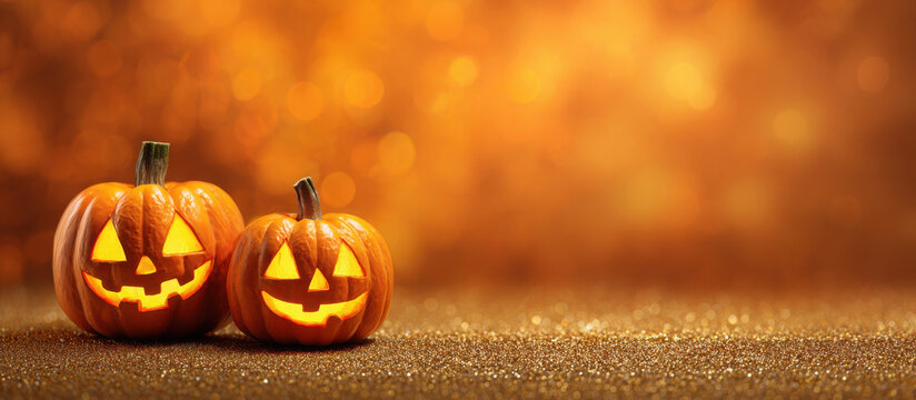 Two carved Halloween pumpkins with glowing faces sit on a glittery surface with a bokeh background.
