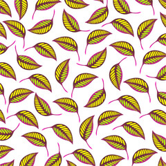 Decorative leaves pattern. Colourful minimalistic leaves background. Colourful leaf pattern illustration background. Hand drawn leaf icon. Seamless leaf pattern background. Leaf pattern collection.