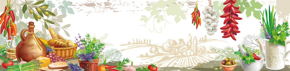 Food Border with Vegetables Herbs and Bread
