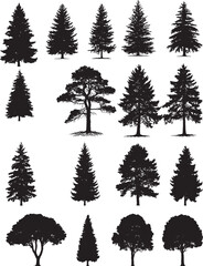 Fototapeta premium Pine tree silhouette set, fir tree vector, evergreen clipart, coniferous tree illustration, forest tree outlines, black tree icons