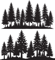 Obraz premium Vector art of a silhouette of a dense forest of pine and evergreen trees isolated on a transparent background