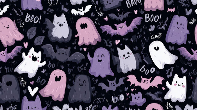 A seamless Halloween vector pattern isolated background including adorable ghosts, bats, and boo text drawn by hand. 