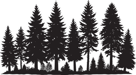 Obraz premium Vector art of a silhouette of a dense forest of pine and evergreen trees isolated on a transparent background