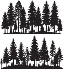 Obraz premium Vector art of a silhouette of a dense forest of pine and evergreen trees isolated on a transparent background