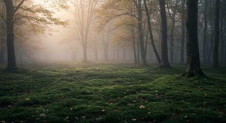 A dense forest with tall trees shrouded in fog, a mossy green ground cover dotted with fallen leaves, and soft, diffused light filtering through the mist.
