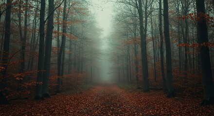 Fototapeta premium A path through a misty autumn forest with tall, bare trees and a ground covered in fallen orange and brown leaves.