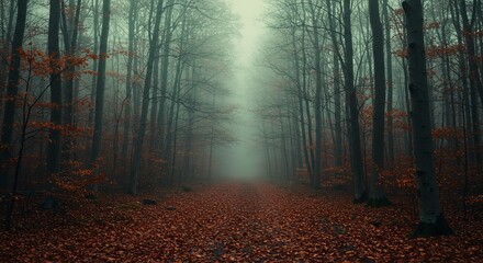 Obraz premium A misty path lined with tall trees and covered in fallen autumn leaves creates a somber, natural scene.