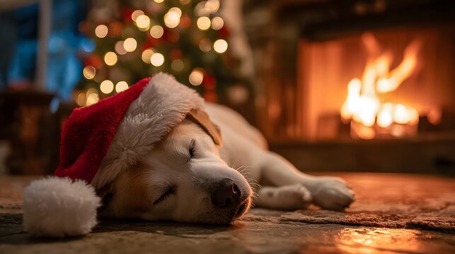 Labrador puppy sleeping with santa hat near fireplace and christmas tree lights