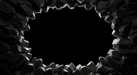 Dark rock formation creates a dramatic frame against a stark black background