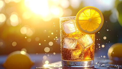 Refreshing Iced Drink with Lemon Slice and Bubbles in Golden Sunlight