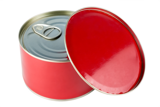 Red tin can with open lid isolated on a transparent background