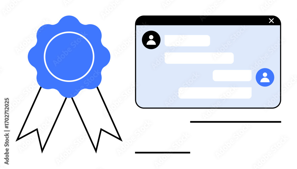 Poster blue ribbon next to a chat window with user icons and conversation text. ideal for success, communic