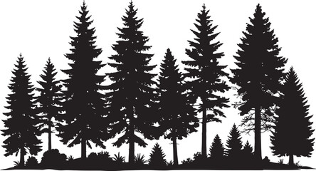 Obraz premium Vector art of a dense silhouette of various pine trees isolated on a transparent background