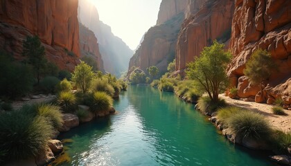 Tranquil river winds through secluded canyon. Turquoise water flows between massive red stone cliffs. Rich green vegetation lines banks, creating hidden oasis. Sunlight streams down, illuminating