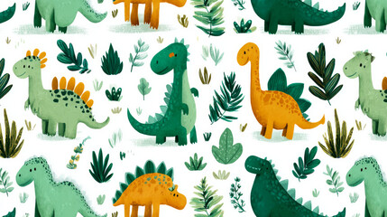Adorable dinosaurs with a smooth design. seamless pattern of jungle dinosaurs. Tropical plants and safari dinosaurs. Ideal for wallpaper, textiles, prints, fabrics, and décor. SSTK backgrounds 