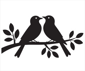 Silhouette of two birds sitting on branch isolated on white, love and romance vector