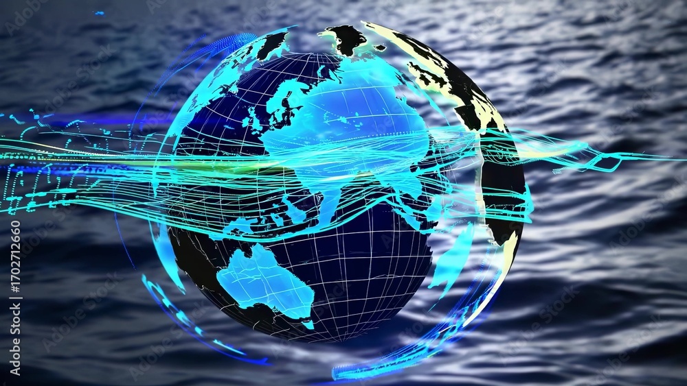 Aufkleber an abstract image of the earth with a blue line running through it. digital technology connects the 