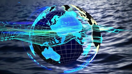 An abstract image of the earth with a blue line running through it. Digital technology connects the globe. Earth and ocean data in the network. A conceptual representation of the earth lifestyle.