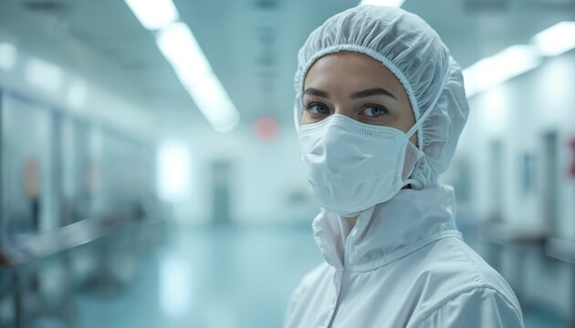 Woman in cleanroom suit, mask looks at camera in sterile environment. Professional technician in clean coat in laboratory. Female works in white pharmaceutical manufacturing quality control at - Powered by Adobe