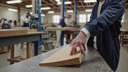 Man working on piece of wood. Male carpenter working on a woodcraft workshop. Hands working on a piece of wood. A person engaged in shaping a wooden plank lifestyle.