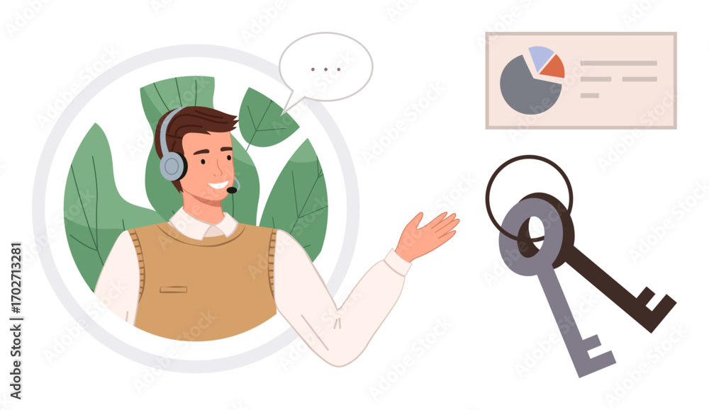 Aufkleber smiling agent with headset gestures beside data chart and keys, symbolizing communication, analytics