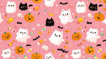 Halloween seamless design. On a pink background, this vector art features adorable ghost cats, pumpkins, and candies. A smooth vector cartoon design. 