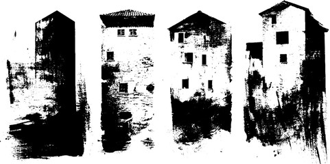 Obraz premium Urban black ink silhouette set featuring worn street walls and buildings