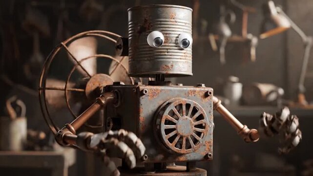 Animated steampunk robot character interacting in a workshop setting with vintage tools and equipment