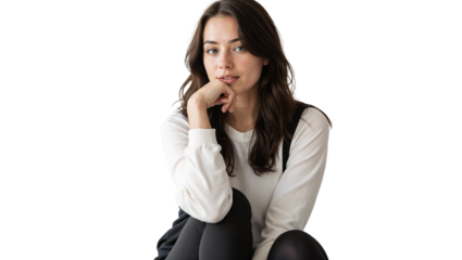 Young woman poses thoughtfully in casual outfit against plain background