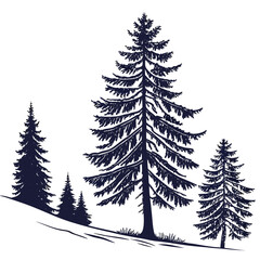 Fototapeta premium A collection of dark blue silhouette evergreen trees stand on a white background evoking a sense of winter or a minimalist forest scene