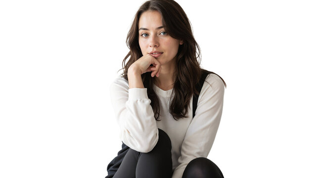 Young woman poses thoughtfully in casual outfit against plain background
