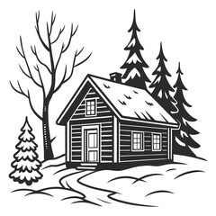 A rustic log cabin nestled amongst snow covered pine trees and a bare deciduous tree in a winter landscape with a winding path leading to the entrance