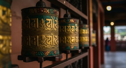 Gold buddhist prayer wheel with ancient symbols at a monastery, representing peace and spiritual devotion for religious and travel concepts.