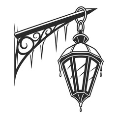 A vintage ornate street lamp with icicles hanging from its decorative bracket rendered in a classic black and white silhouette style