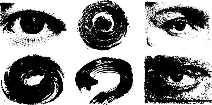 Abstract black ink silhouette set of symbolic eyes with grunge texture