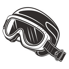 Stylized black and white illustration of a ski helmet and goggles perfect for winter sports and adventure themes