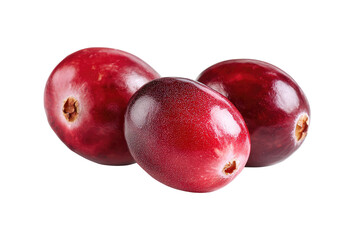 Obraz premium Three fresh cranberries, vibrant red, glossy skin, slightly overlapping, close-up, against black background
