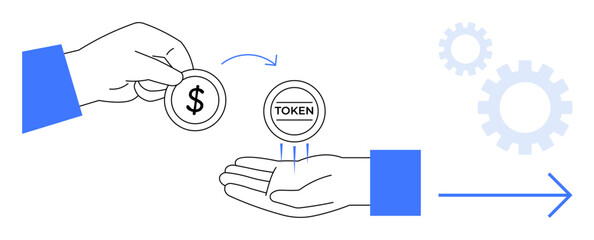 Hand swapping dollar for token, symbolizing transaction or exchange process. Ideal for finance, cryptocurrency, trade, blockchain, investment, fintech process visualization. Simple flat metaphor