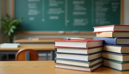 Textbooks stacked on desk classroom. Books, pen, blurred background of chalkboard, desks. Education, school theme, learning, teaching, study concept, knowledge. Reading materials, student resources,