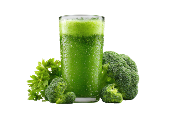 Vibrant green smoothie in a glass, surrounded by fresh broccoli and leafy greens