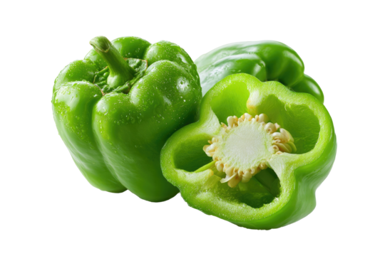Two vibrant green bell peppers, one whole and one halved, displayed against a black background.  The halved pepper reveals its inner seeds