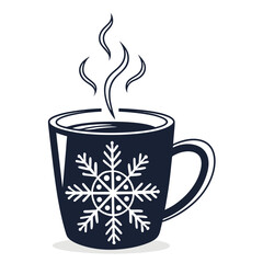 A dark blue mug with a white snowflake design and steam rising from the hot beverage inside perfect for winter
