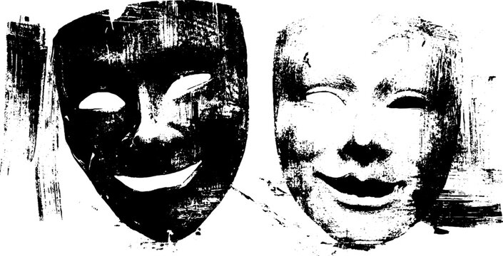 Black ink silhouette of theatre tragedy and comedy masks with grunge texture