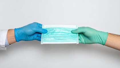 Hands in gloves exchanging a face mask