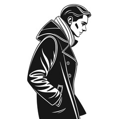 Stylish man in a trench coat and scarf depicted in a bold black and white illustration exuding modern elegance and sophistication
