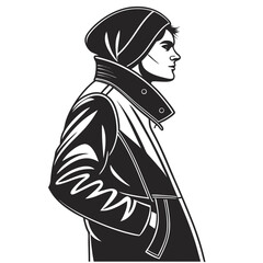 Stylish man in a hooded jacket and beanie depicted in a bold black and white graphic illustration profile view conveying a modern and cool aesthetic